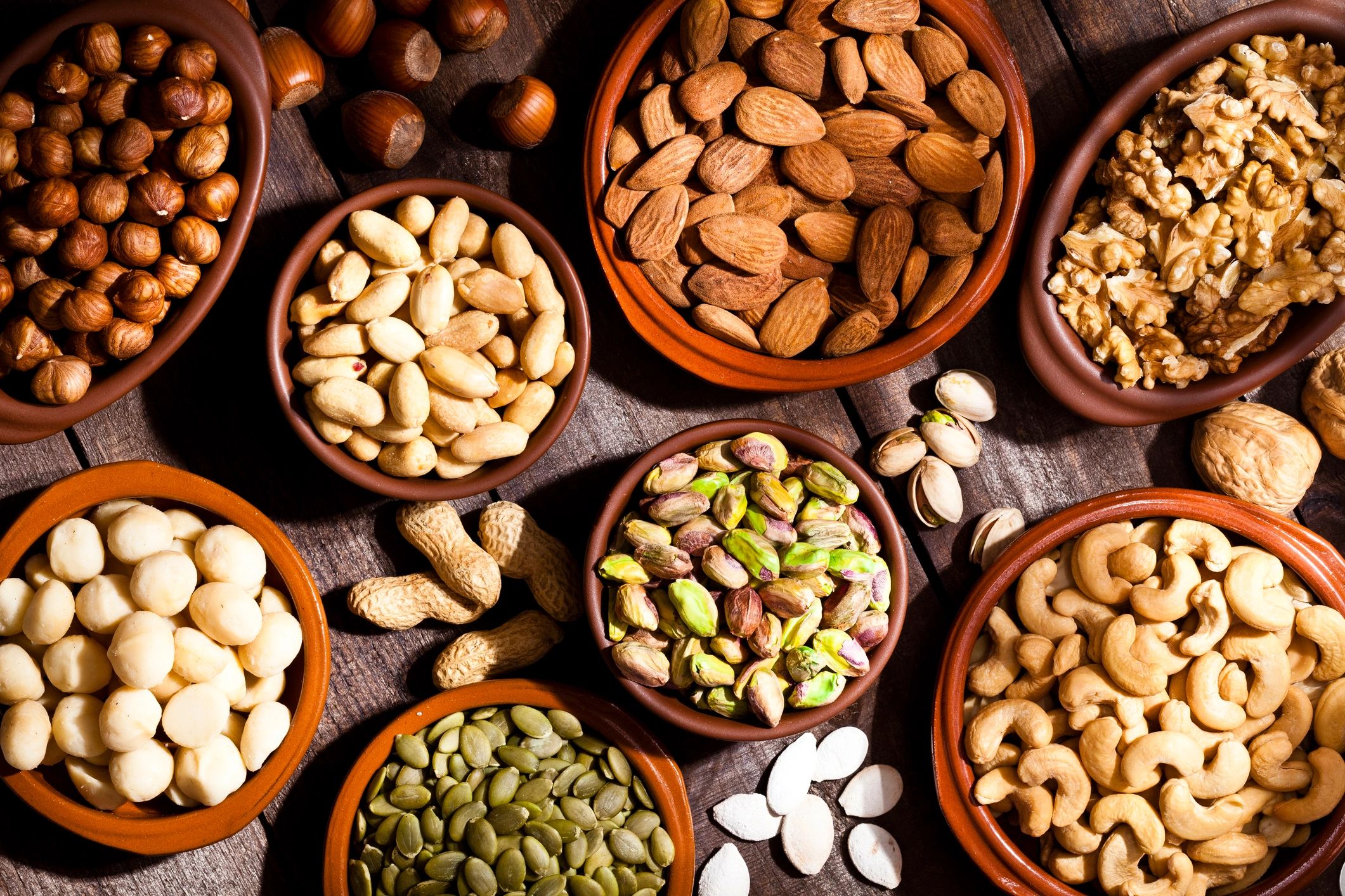 Assorted export nut products on a wooden table